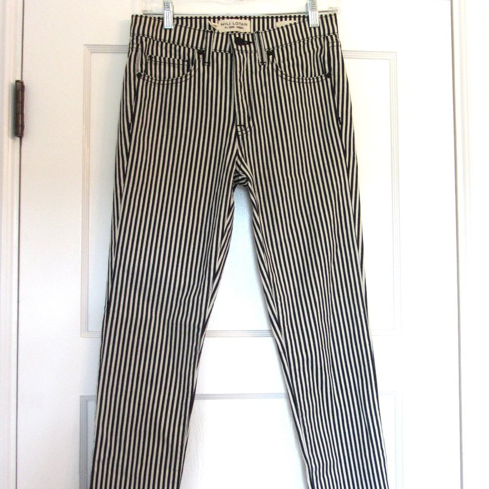 Nili Lotan Striped Mid Rise Jeans, Straight Leg, Dark Blue and Cream, Size 27